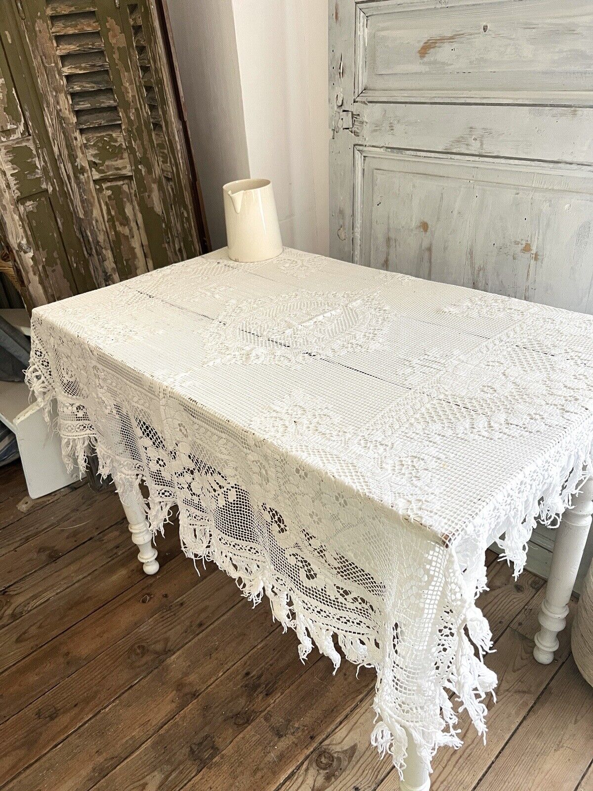 Antique French EMBROIDERED filet lace  tea TABLECLOTH FRINGES c1900