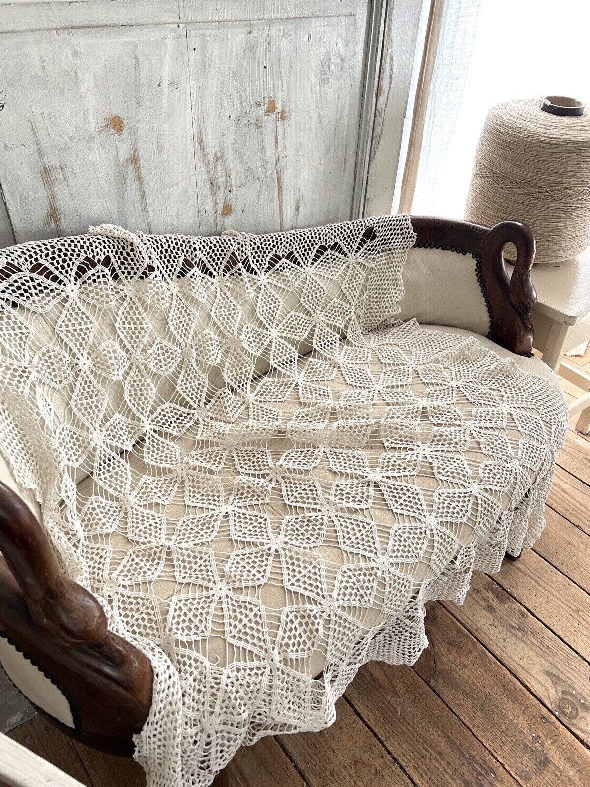 Vintage French FILET LACE textile TABLECLOTH bedspread c1930