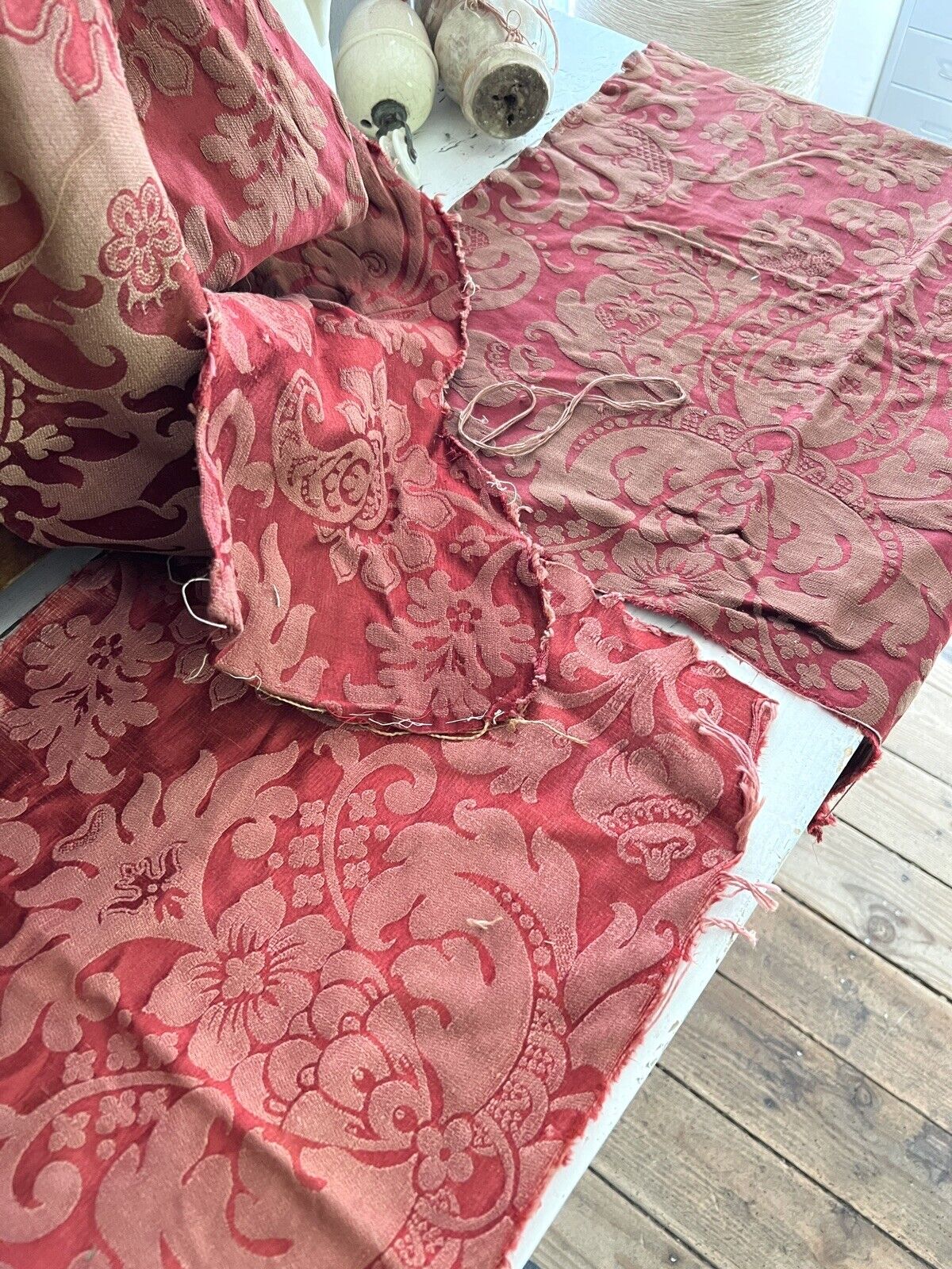 BUNDLE #3 antique CUT DAMASK SILK fabric lot CRAFT arabesques c1900