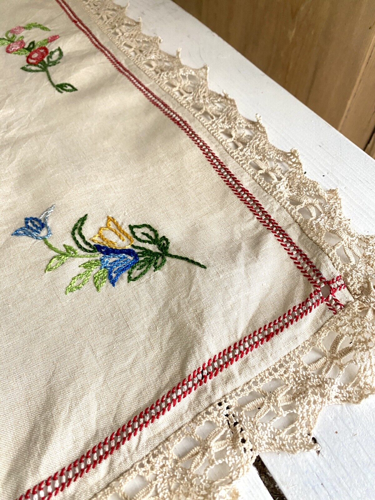 Vintage French linen DOILY floral EMBROIDERIES napperon NATURAL TONES LACE c1930