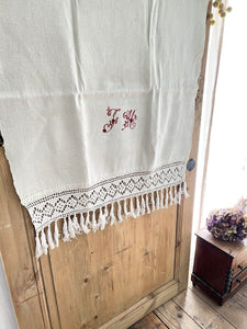 Antique French EMBROIDERED FILET LACE NUBBY LINEN curtain FH mono fringes c1920