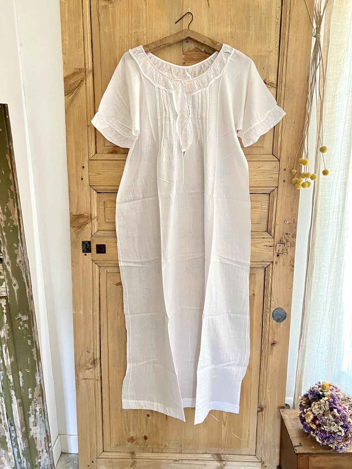 Vintage LONG romantic NIGHTSHIRT cotton veil embroidered FRILL c1930