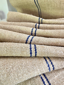 BOLT 4,7 y vintage European GRAIN SACK homespun linen fabric BLUE stripes c1950