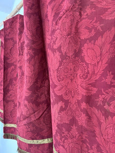 Antique French Empire long PURPLE RED floral DAMASK VALANCE braid FRINGES c1880