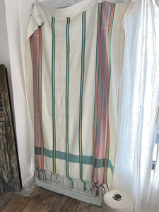 Vintage French Provencal long cotton STRIPED DOOR CURTAIN fringes c1950