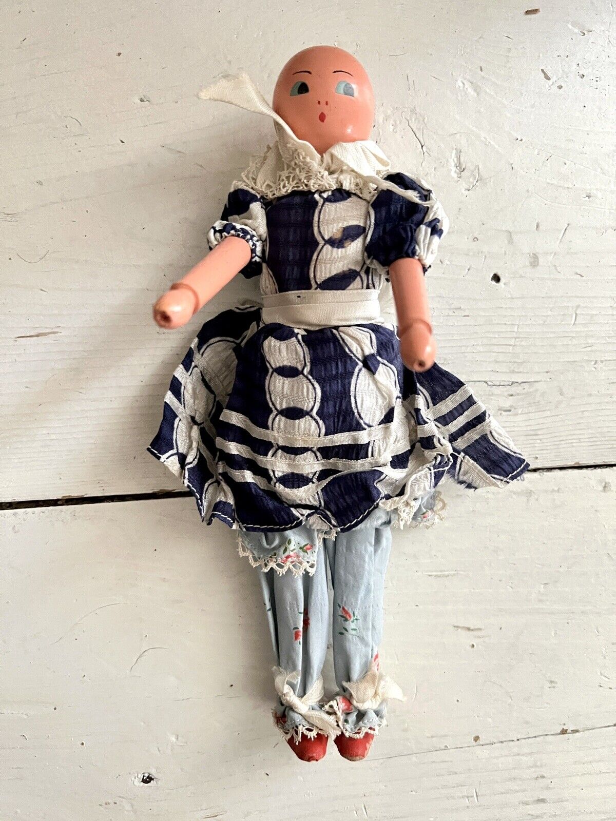 Art Deco French 3 PROMOTIONAL wood BABY DOLLS silk outfit c1930