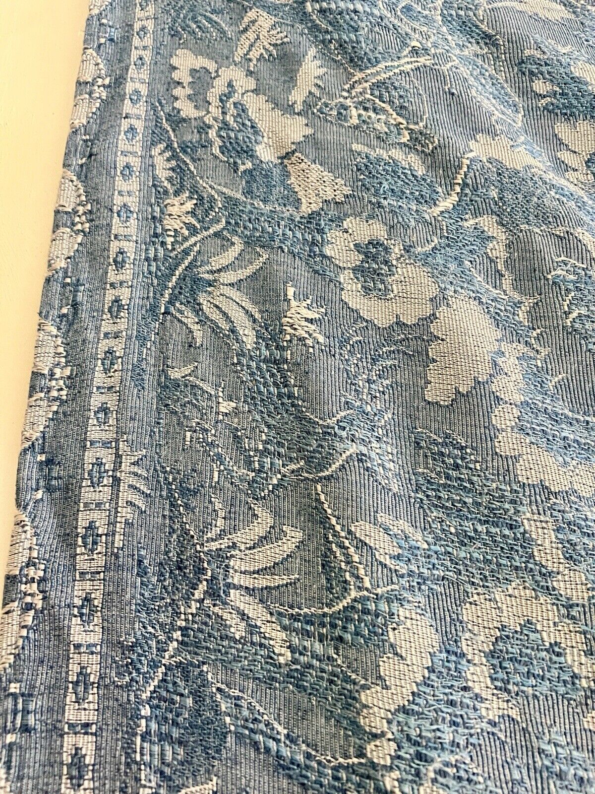 Vintage French BLUE DAMASK cotton BEDSPREAD CHINOISERIE c1930