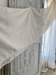 Antique French LONG MANTELPIECE COVER curtain embroidered LINEN lace trim c1900