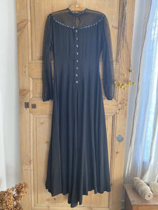 Années Folles French BLACK CREPE DRESS blue sequins c1920