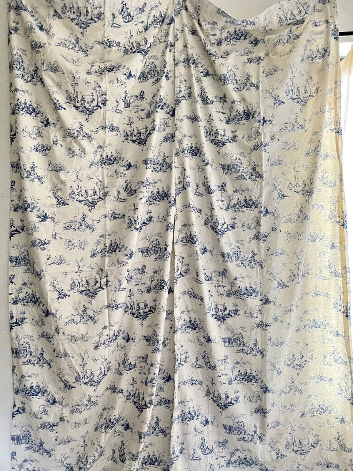 PAIR vintage French blue TOILE DE JOUY cotton PASTORAL CURTAINS BACKED c1950