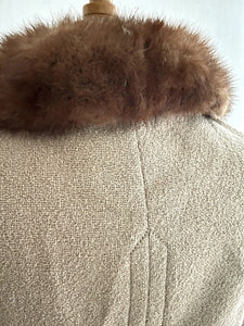 Vintage French woman beige wool spencer JACKET MINK FUR collar c1950