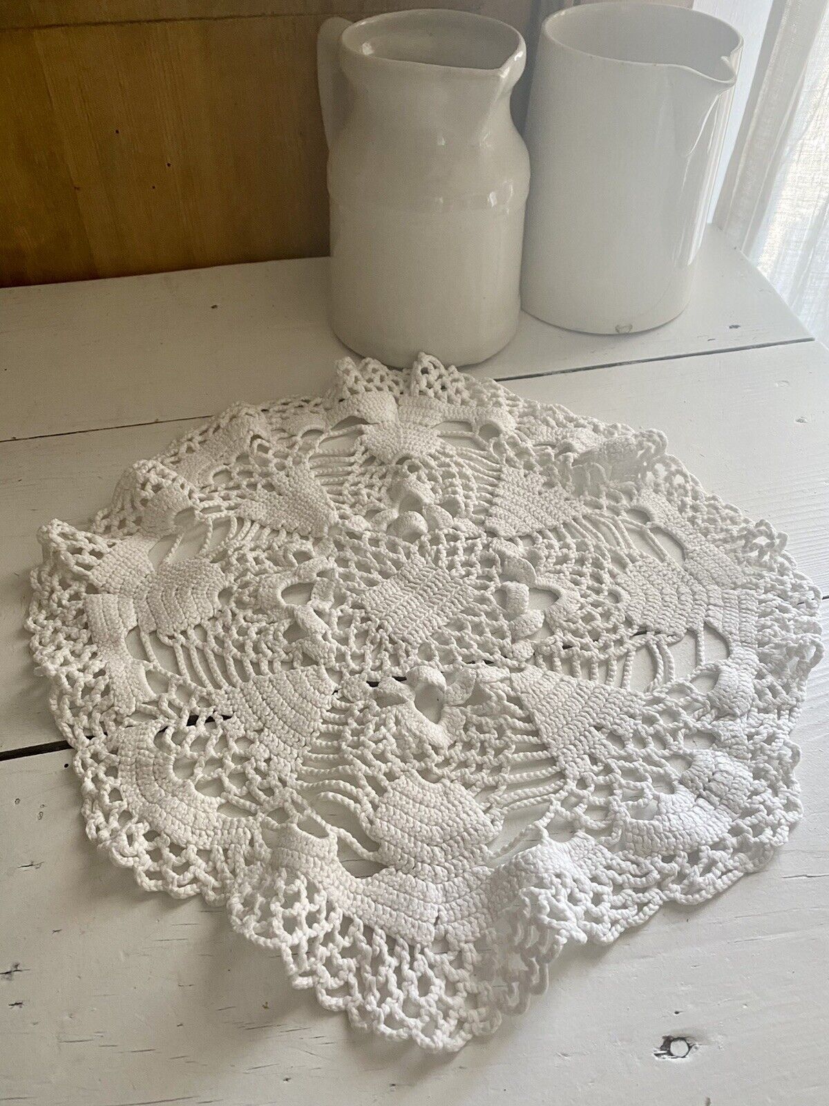 SET 3 round French HEAVY cotton FILET LACE DOILIES mat c1950