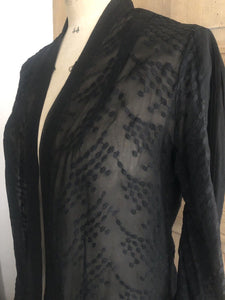 Art Deco long French woman DESHABILLE embroidered black SILK KIMONO c1930