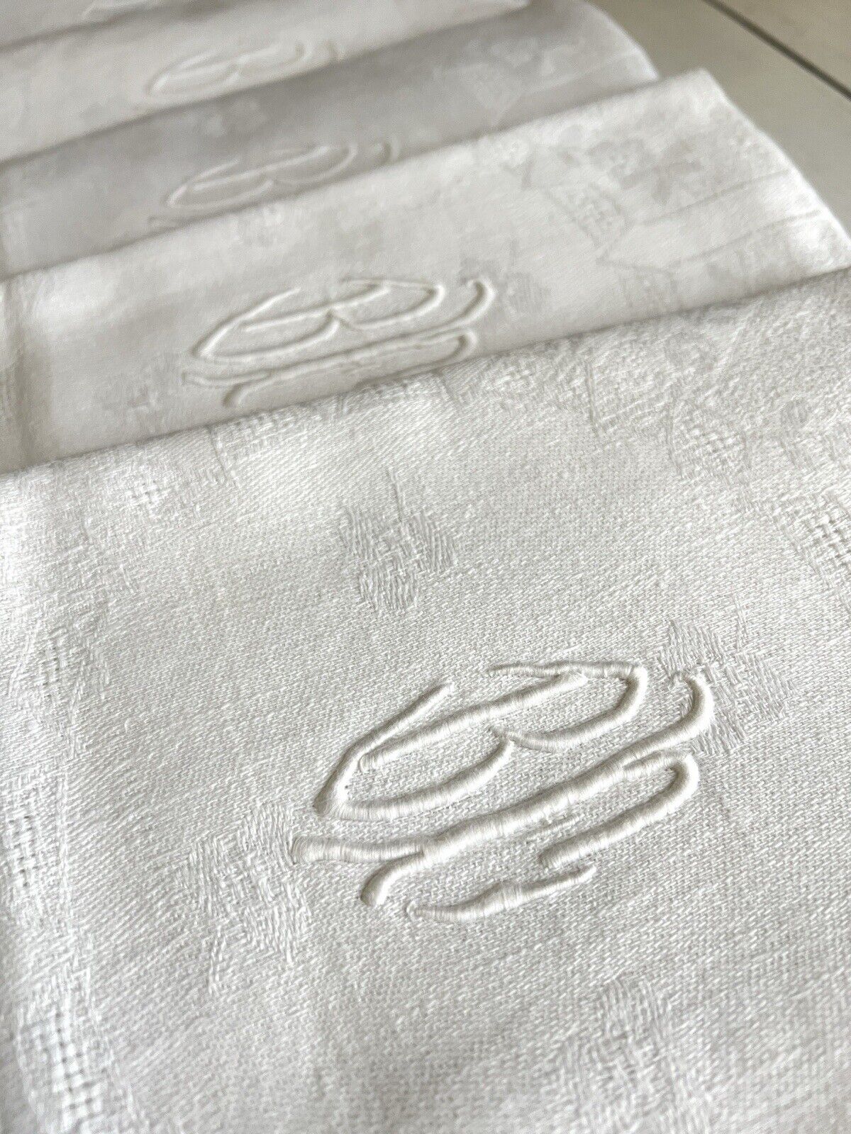 COMPLETE SET 12 Art Deco French DAMASK LINEN NAPKINS openworks BC mono c1930