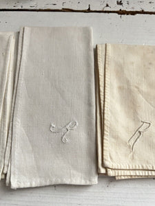 Set of 7 antique French LINEN COTTON blend HANDKERCHIEF R mono c1900