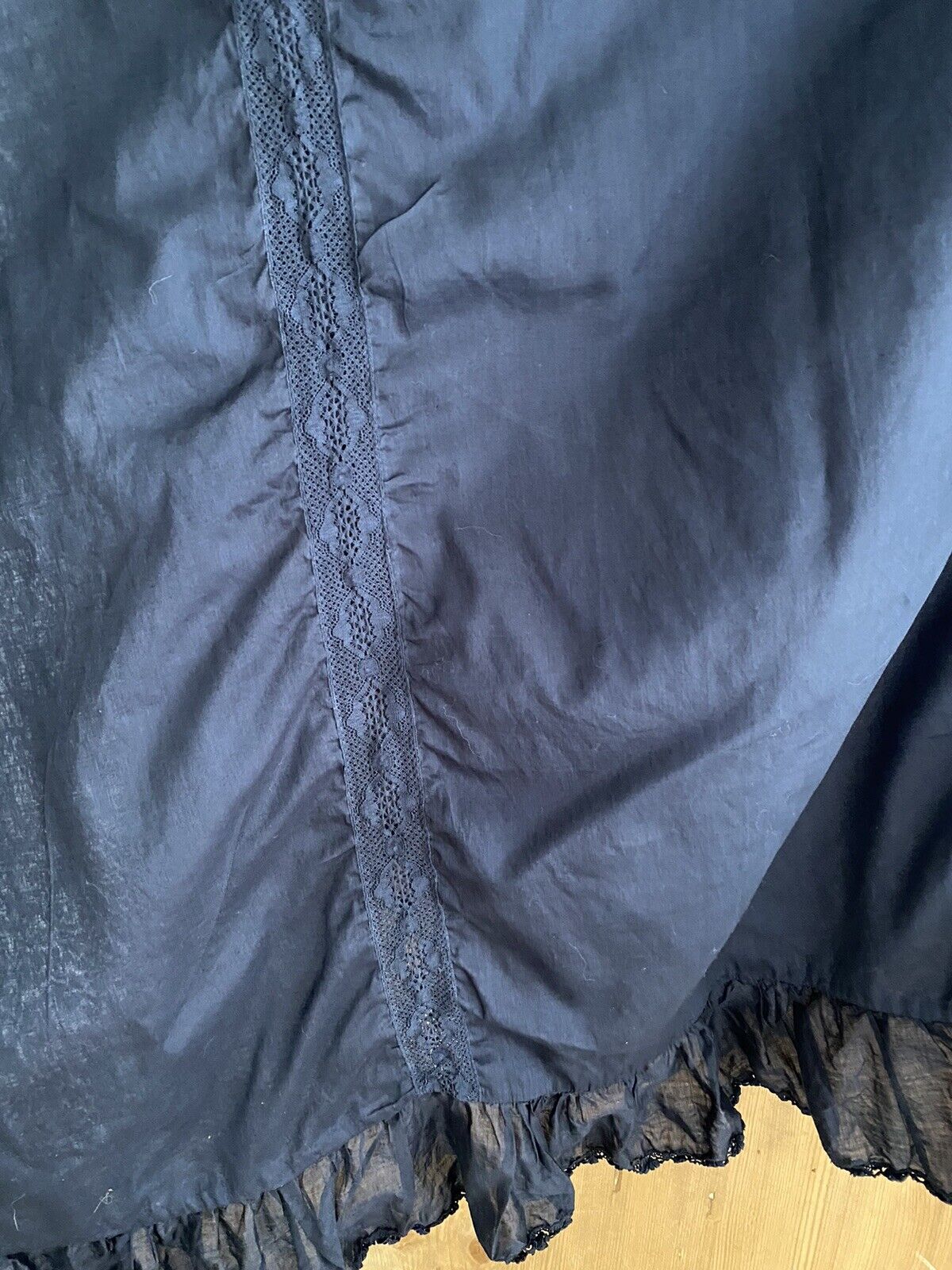 Antique French INDIGO dyed DUVET COVER LACE ENTRE DEUX cotton RUFFLES c1900