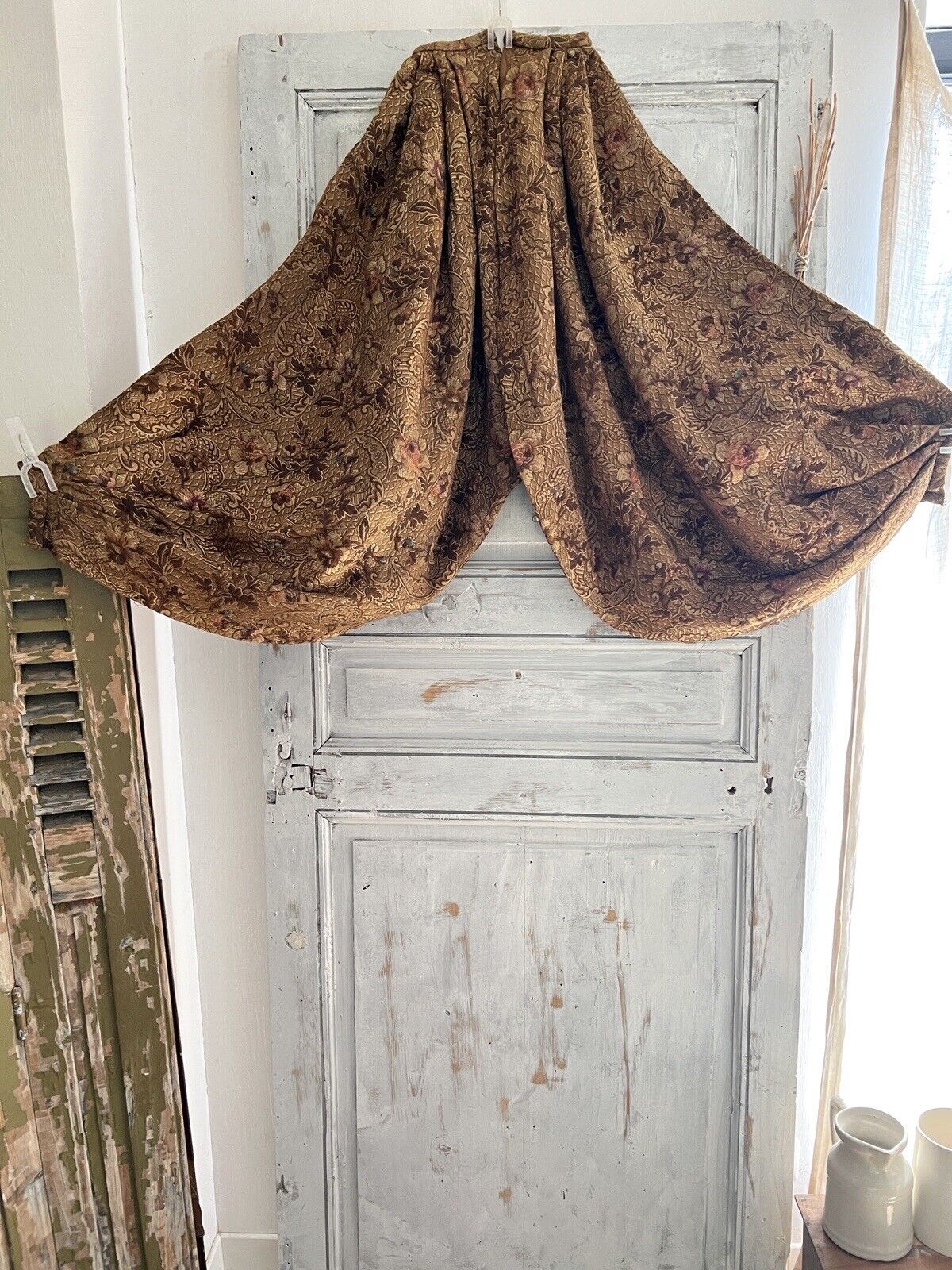 Antique French PAIR GOLD floral DAMASK VALANCES braid DRAPE c1880