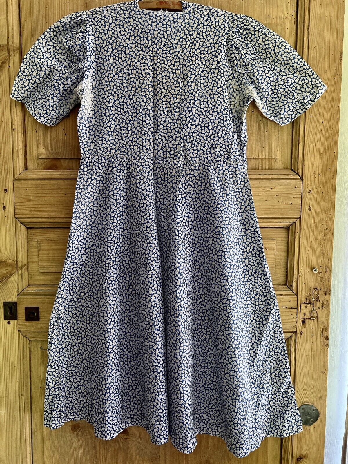 Vintage French cotton FLORAL BLUE DRESS mended c1950