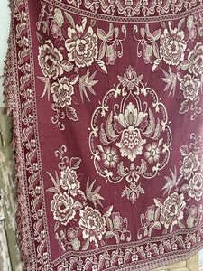 Vintage French FLORAL BURGUNDY BOTEH DAMASK wool BEDSPREAD fringes c1930