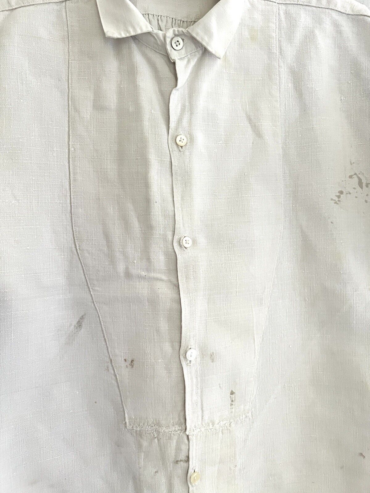 Rare antique French SHORT man front bib WORK WEAR COTTON pintucks SHIRT  c1880