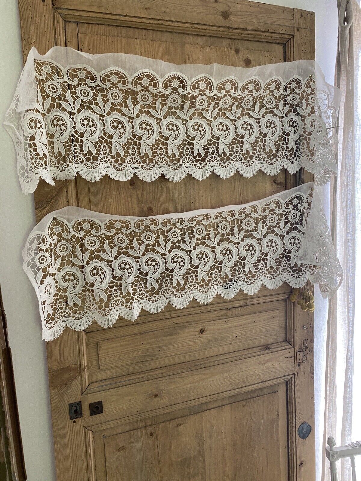 Vintage French SET 2 FILET LACE panel CURTAIN brise bise c1950