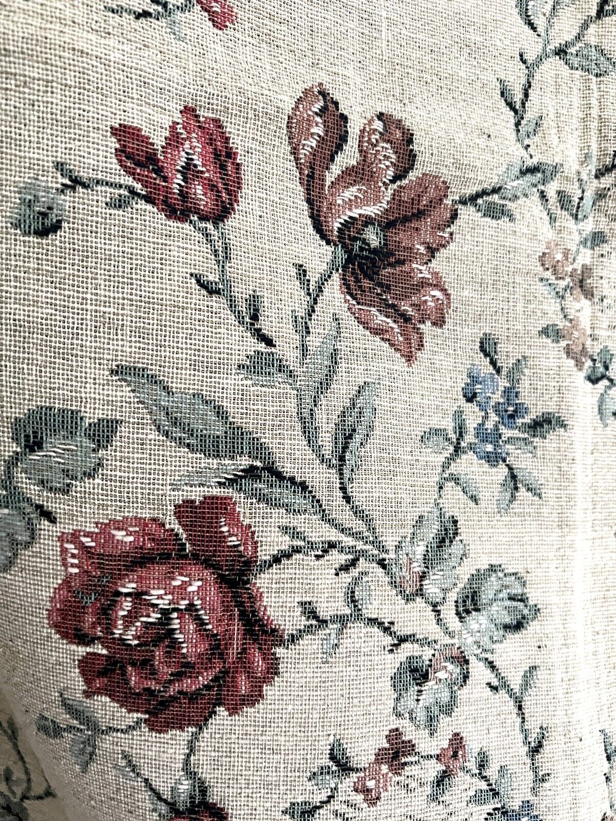 Vintage French HEAVY BOTANIC JACQUARD linen fabric ROSES panel UPHOLSTERY c1940