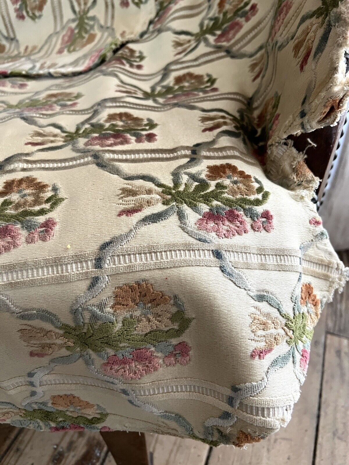 Antique French EMPIRE PAIR DAMASK cotton chair covers floral bouquets c1880