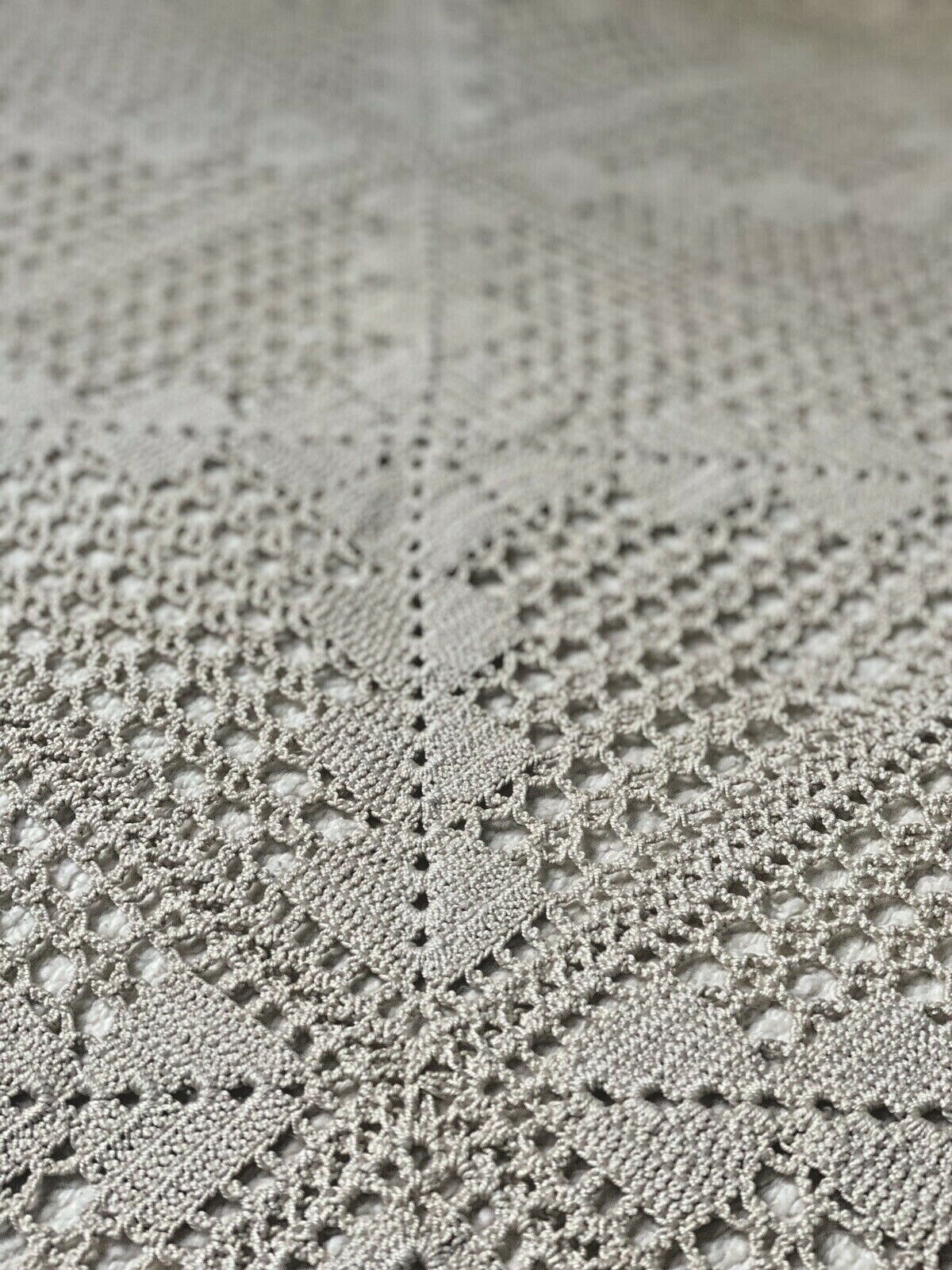 Antique French FILET LACE heavy ECRU cotton BED COVERLET c1920