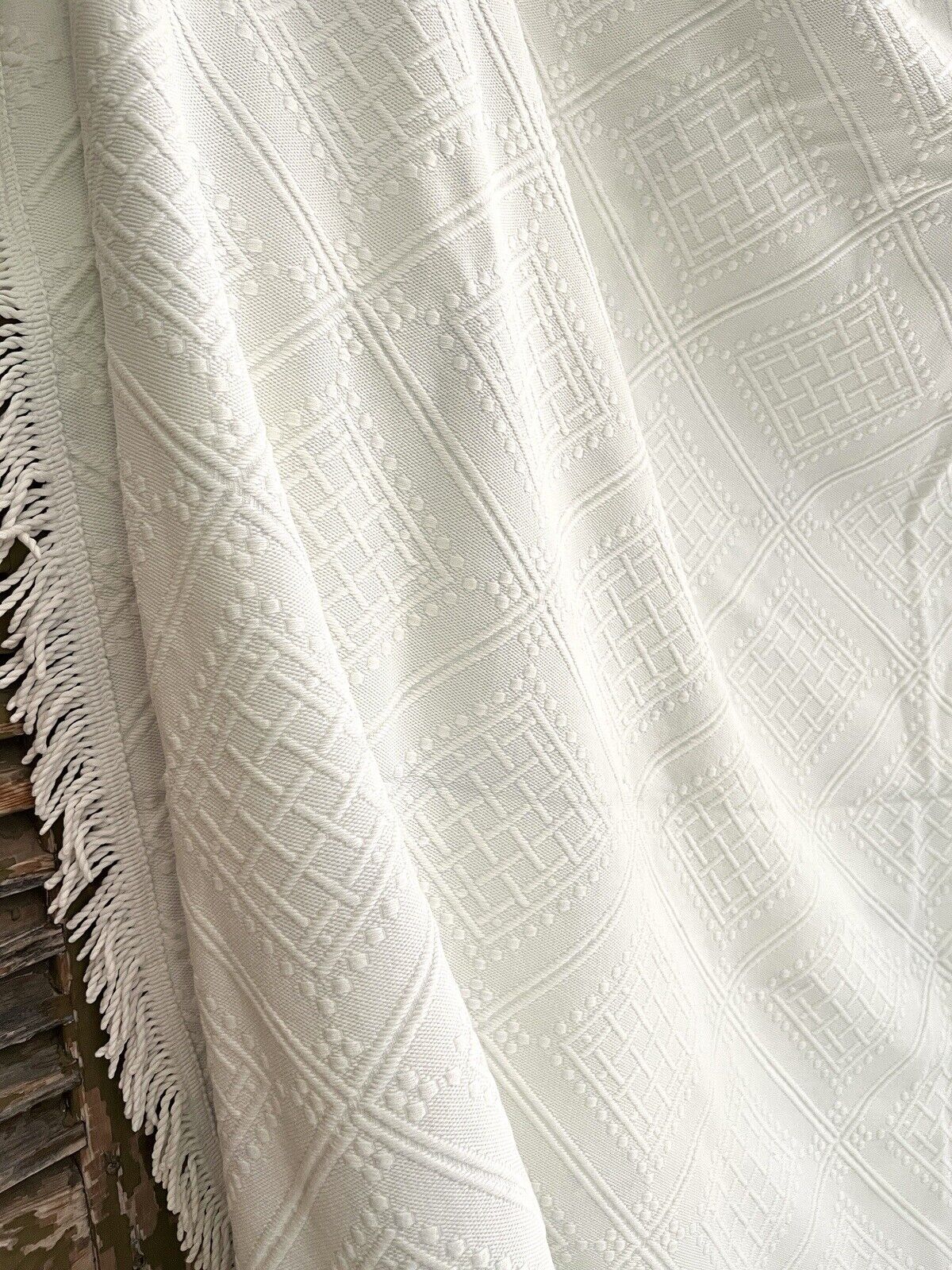 Vintage French XL damask COTTON PIQUE DE PROVENCE bed COVERLET FRINGES c1950