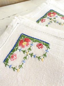 6 Vintage French HEAVY LINEN embroidered NAPKINS openworks c1950