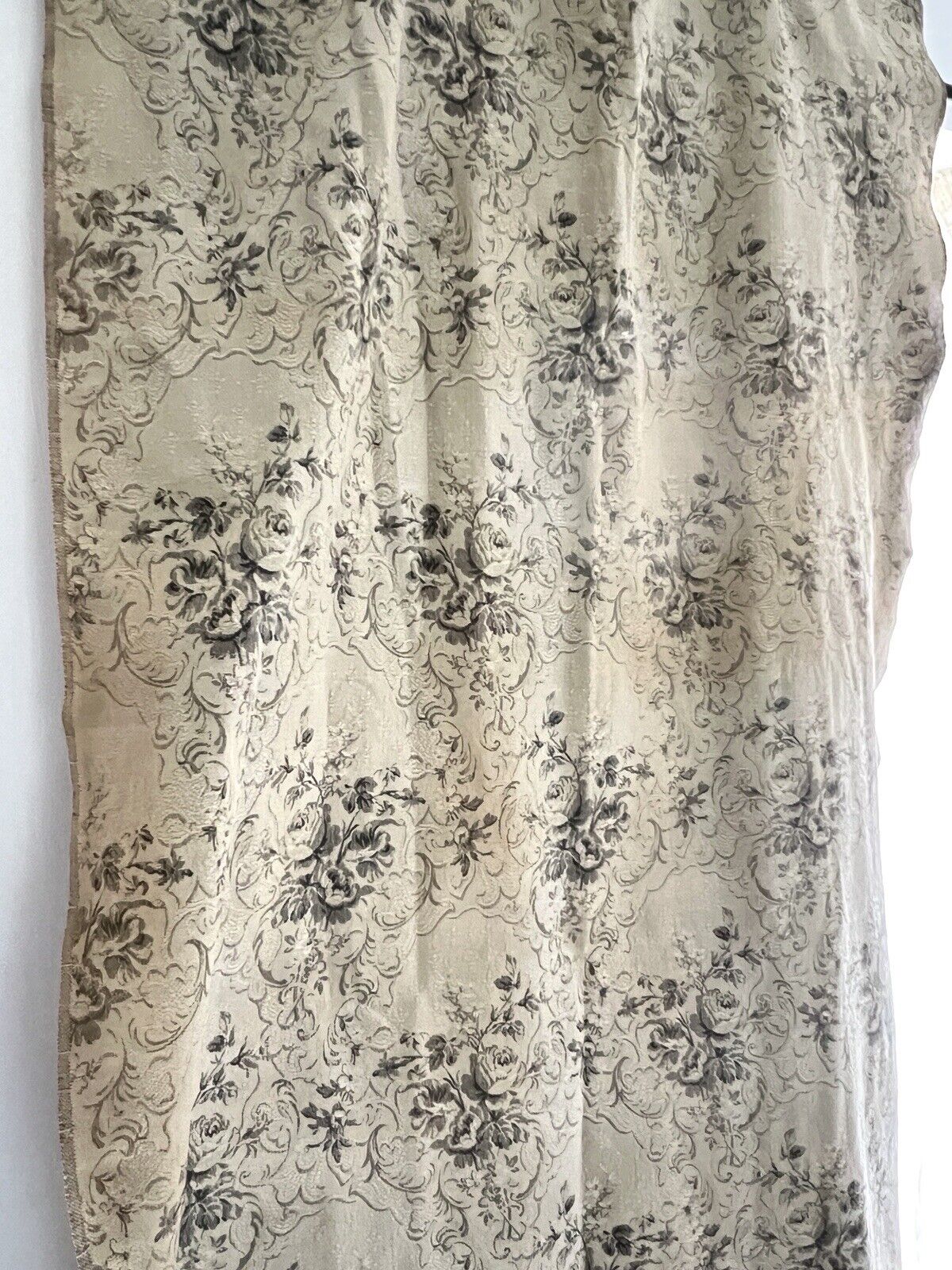 Antique French long DAMASK cotton FLORAL GREY beige CURTAIN drape c1910