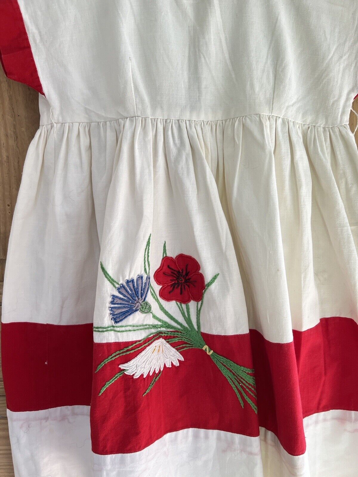 Vintage French COTTON child DRESS FLORAL embroidered TWO TONES c1950