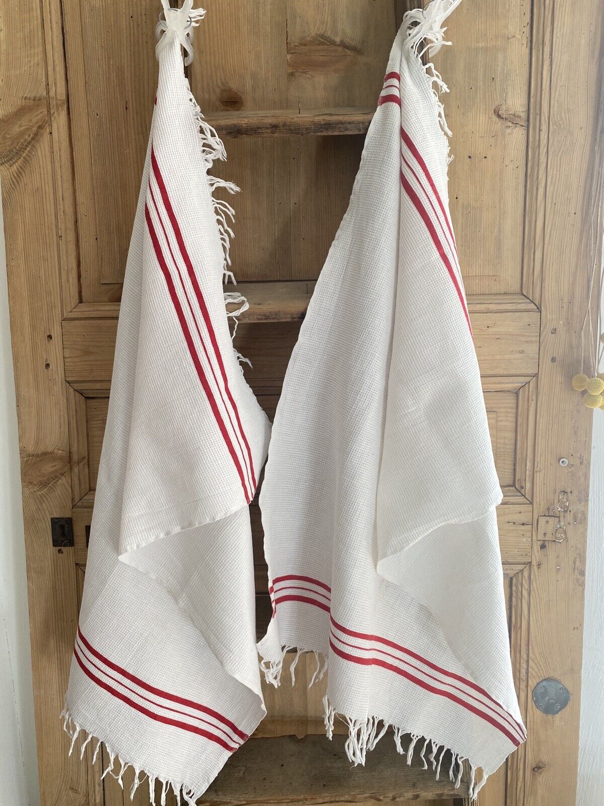 Pair antique French GUEST TOWEL cotton nid d’abeille FRINGES red LITEAU c1900