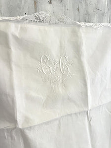 Antique French EMBROIDERED linen  FIL PILLOW SHAM lace TRIM CC mono c1900