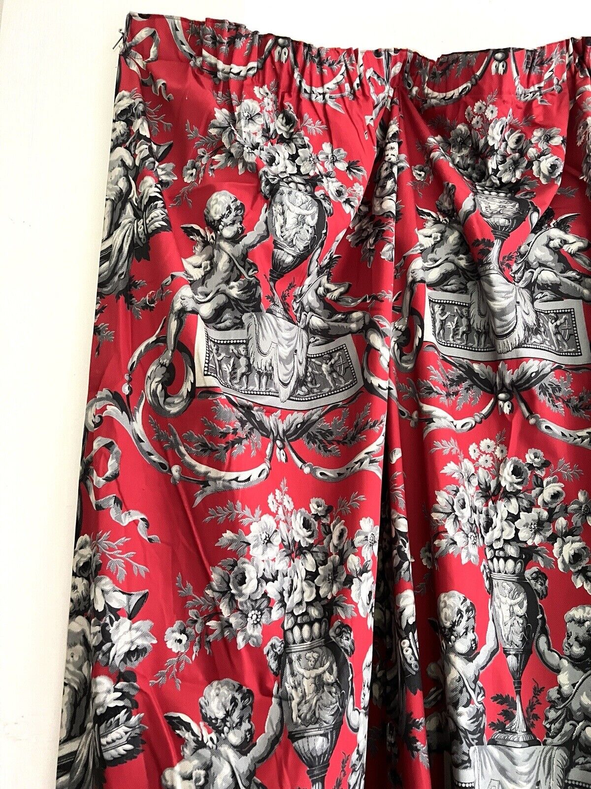 PAIR vintage French classic RED CHERUBS satin cotton CURTAINS BACKED c1950