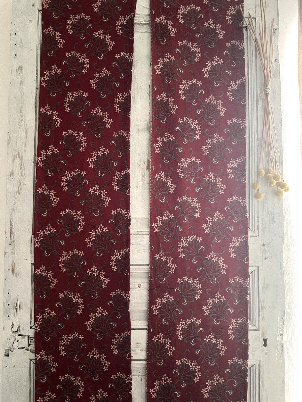 Pair antique French FLORAL JACQUARD CURTAINS cramoisi RED c1900