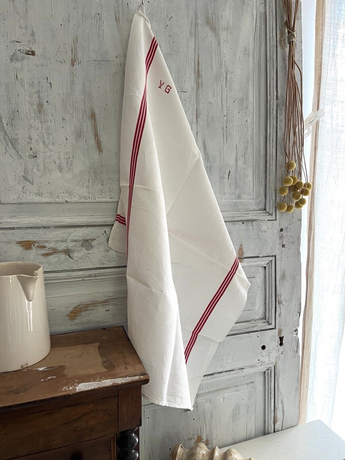 PAIR vintage French LINEN TEA TOWELS YG mono c1920