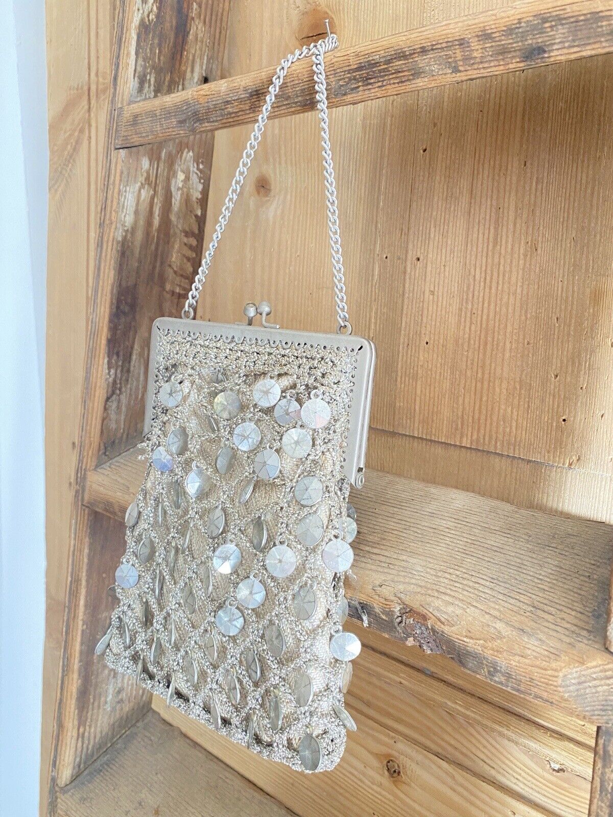 Vintage French EMBROIDERED silver SEQUIN BAG MINAUDIÈRE c1960