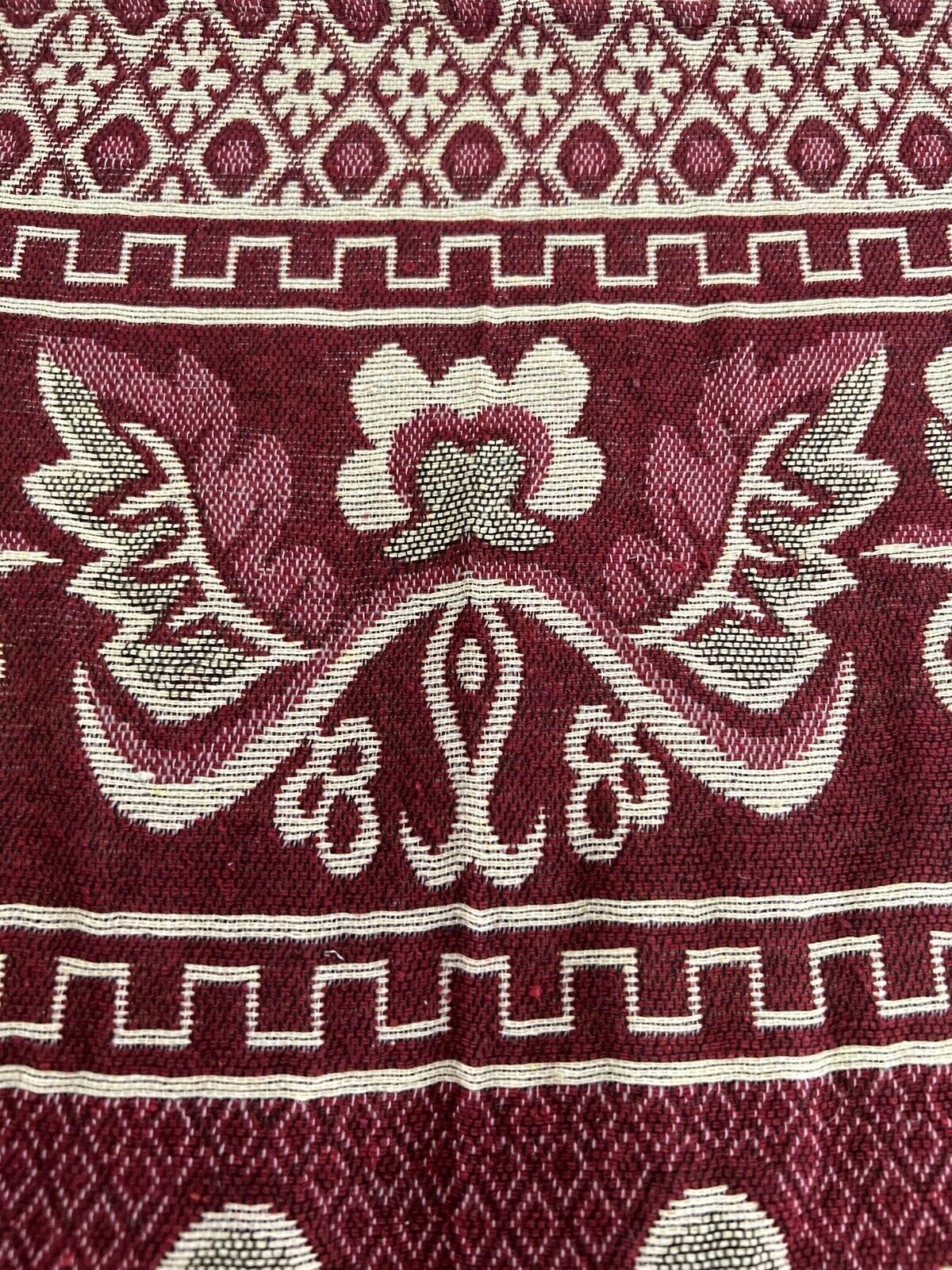 Vintage French FLORAL BURGUNDY BOTEH DAMASK wool BEDSPREAD fringes c1930