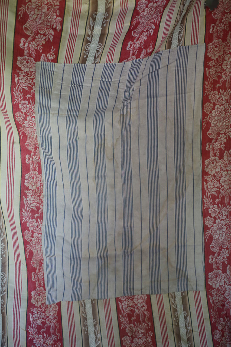 RARE Napoleon III French TICKING cotton PATCHED red cramoisi FLORAL c1850