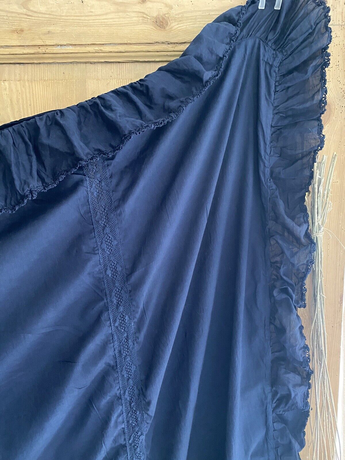 Antique French INDIGO dyed DUVET COVER LACE ENTRE DEUX cotton RUFFLES c1900