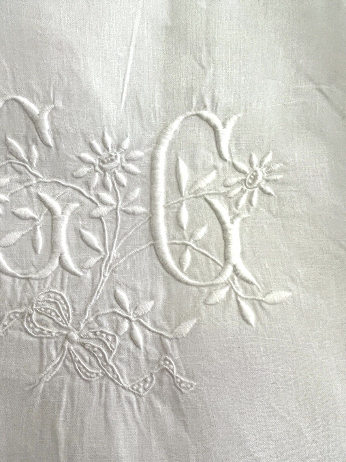 Antique French EMBROIDERED linen  FIL PILLOW SHAM lace TRIM CC mono c1900