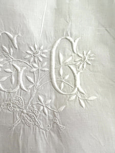 Antique French EMBROIDERED linen  FIL PILLOW SHAM lace TRIM CC mono c1900