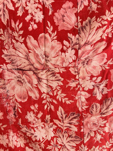 Antique French LARGE red pink FLORAL panel CURTAIN mended c1880