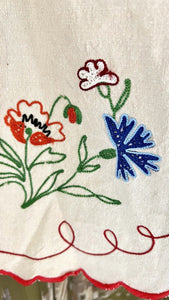 Vintage French MANTELPIECE COVER embroidered CARNATIONS natural LINEN c1950