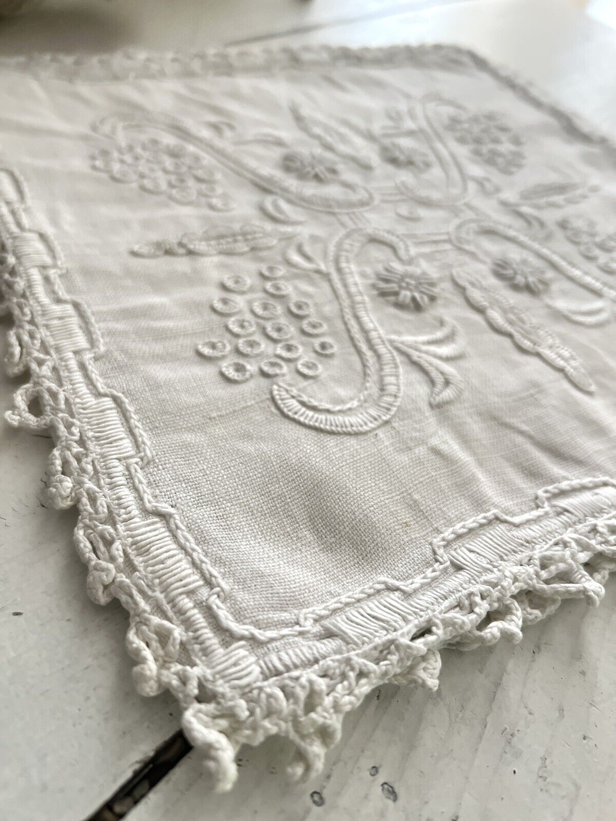 Antique French EMBROIDERED linen LINGERIE BAG crochet trim c1920