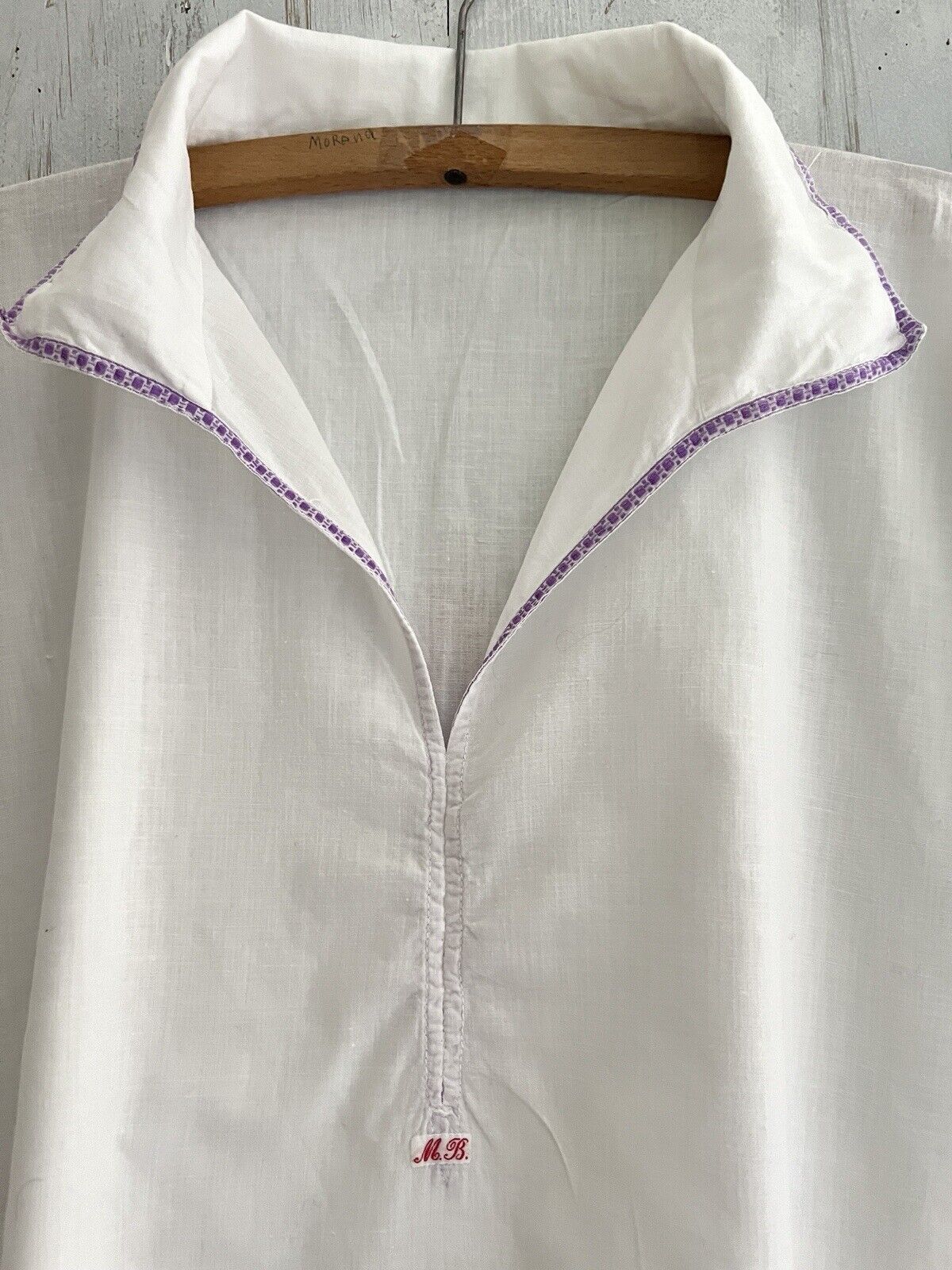 Vintage French MAN cotton gauze NIGHTSHIRT purple liseret 1930