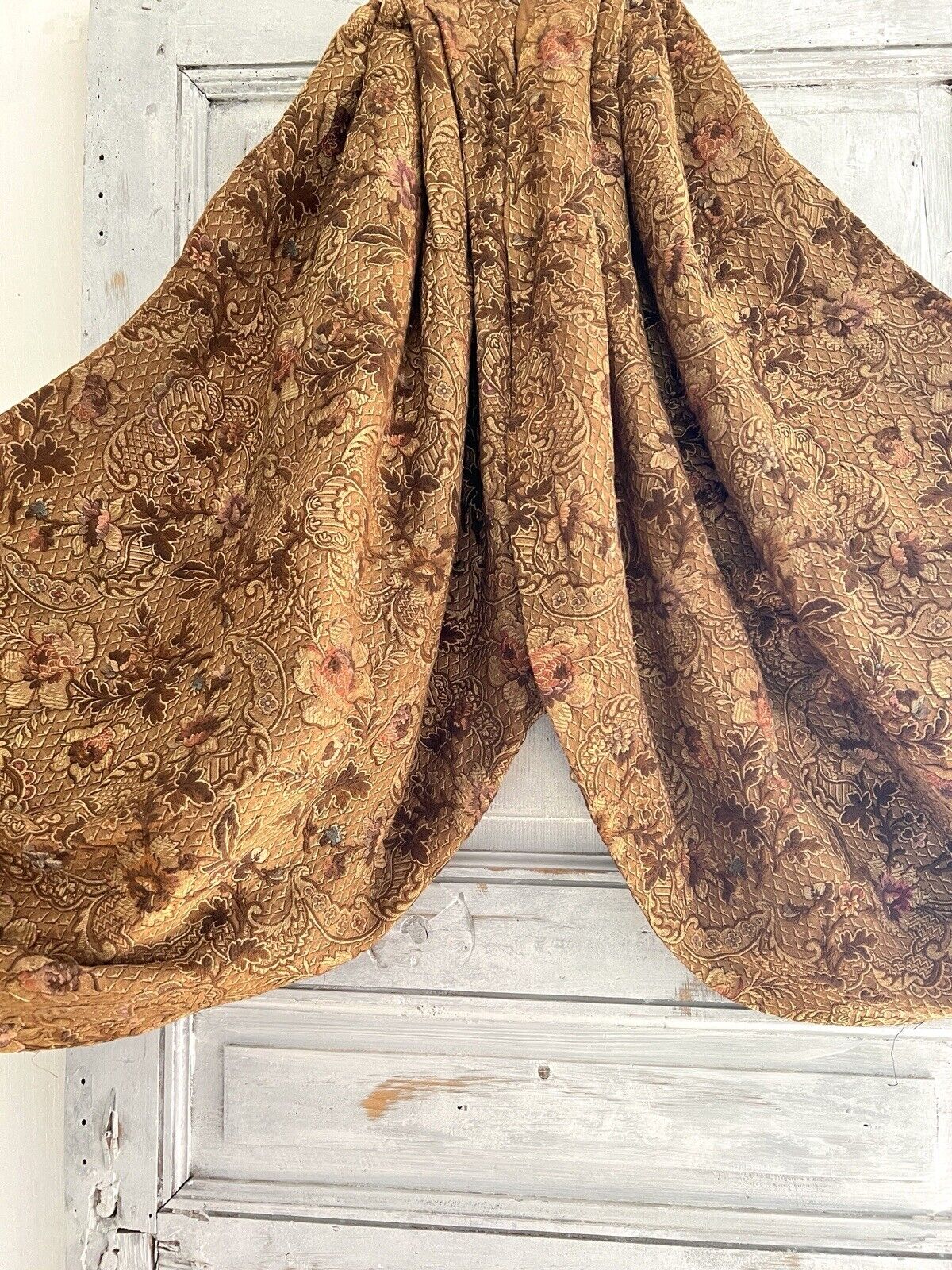 Antique French PAIR GOLD floral DAMASK VALANCES braid DRAPE c1880