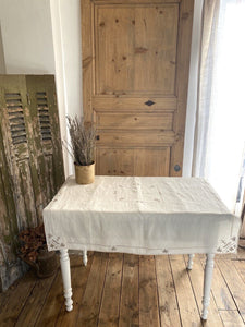 Vintage French EMBROIDERED LINEN coffee TABLECLOTH c1950