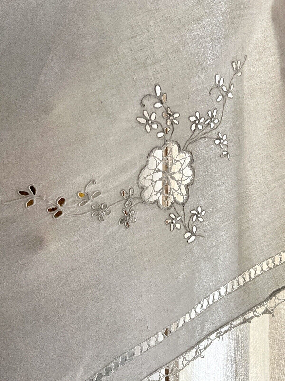 Antique French MANTELPIECE curtain embroidered LINEN FIL lace entredeux c1900